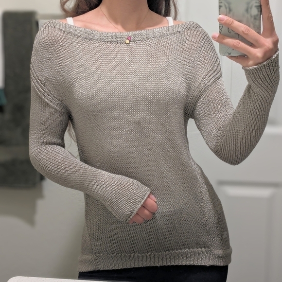 Diane Von Furstenberg Tops - Diane Von Furstenberg Silver Metallic Shiny Open Knit Boat Neck Long Sleeve Top